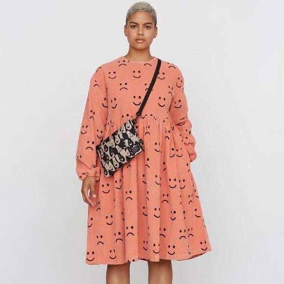Lazy Oaf Dresses & Skirts - Lazy Oaf Happy Sad Corduroy Midi Dress in Coral UK10/US6